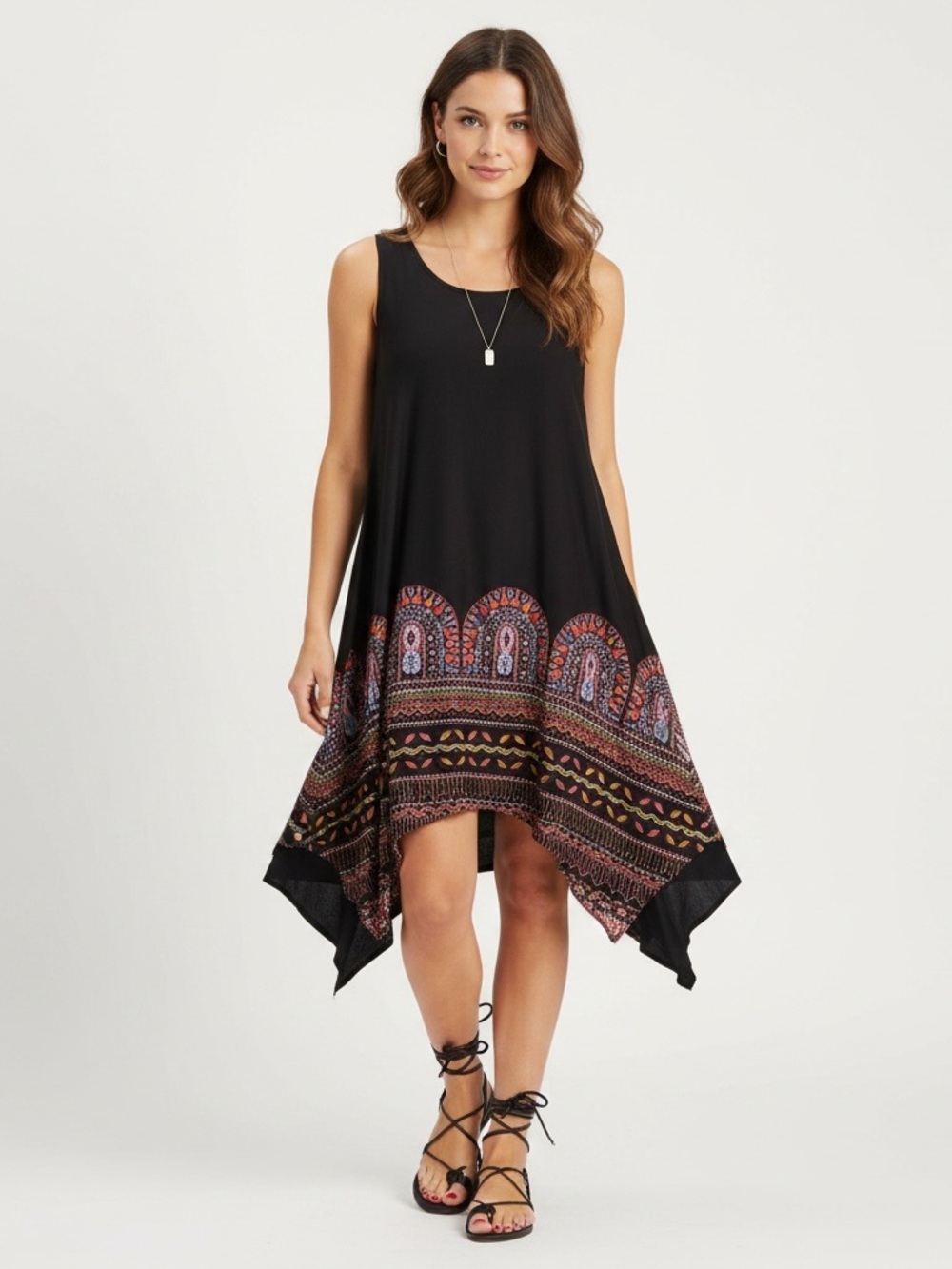 Reborn | Black printed sleeveless handkerchief boho dress